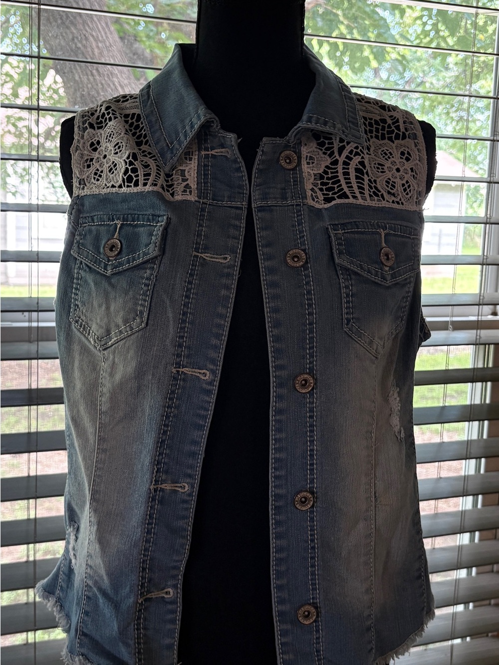 Maurices Blue Denim Vest with White Lace Yoke